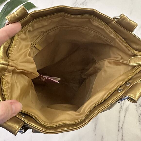 Disney Vintage Y2k Tinkerbell Tote Bag Purse Gold Faux Leather Metallic - Picture 7 of 10